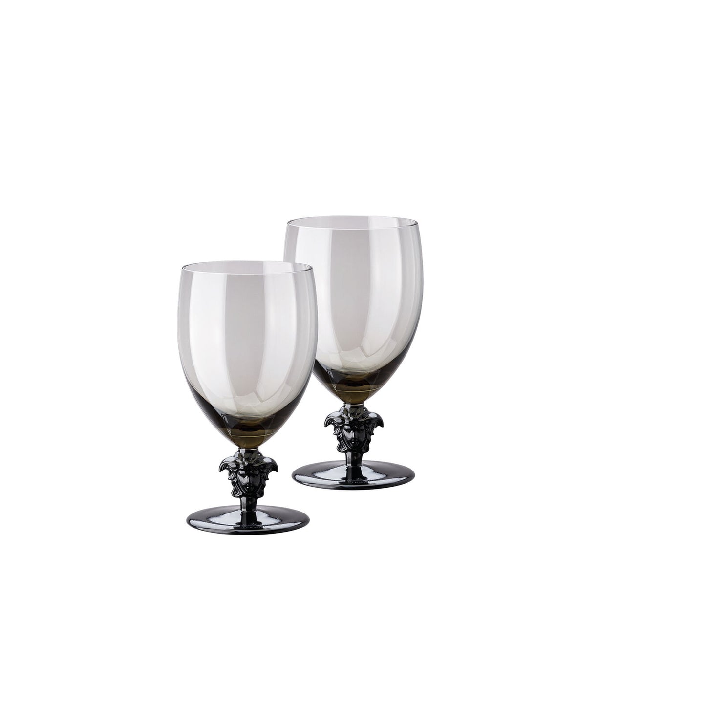 A set of two round red wine glasses with a clear glass body and black ornate bases.