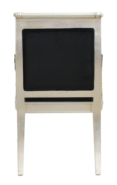 Luxury Custom Vanitas Armchair | Silver Medusa Greek Key Embroidery | Black Velvet & Silver Leaf Finish