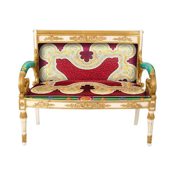 Luxury Custom Vanitas 2-Seater Loveseat | Gianni Versace Red Vintage Medusa Velvet | Gold Leaf or Gold & White Lacquer Finish