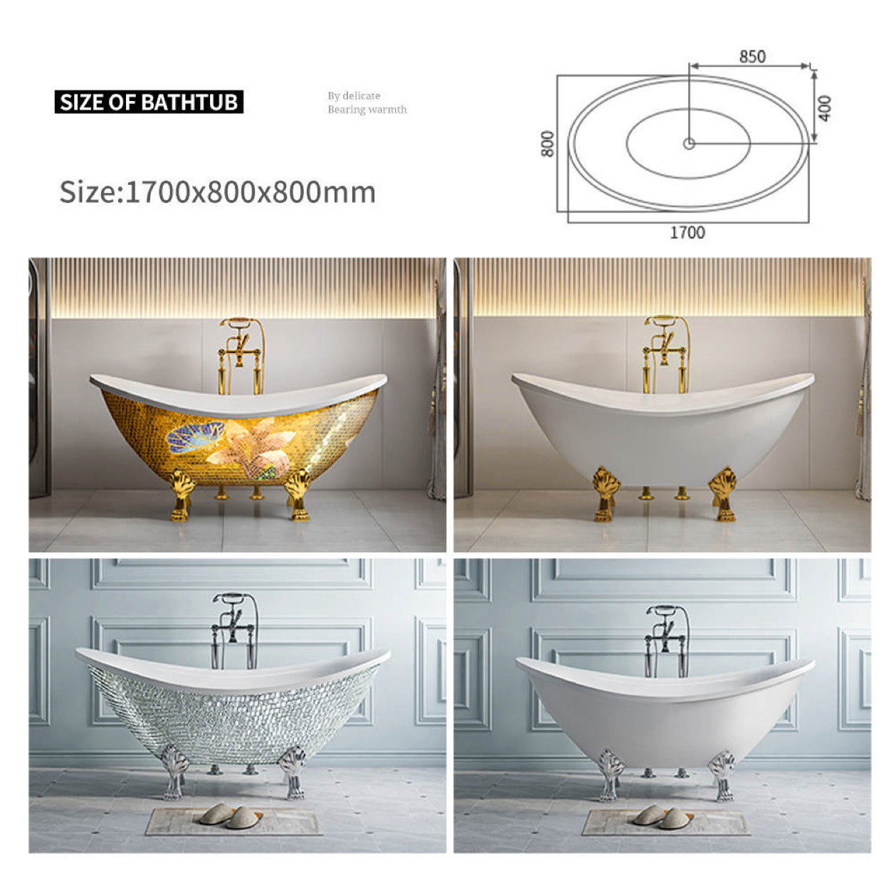 Classic Claw-Foot Freestanding Bathtub — Hand-Inlaid Glass Mosaic