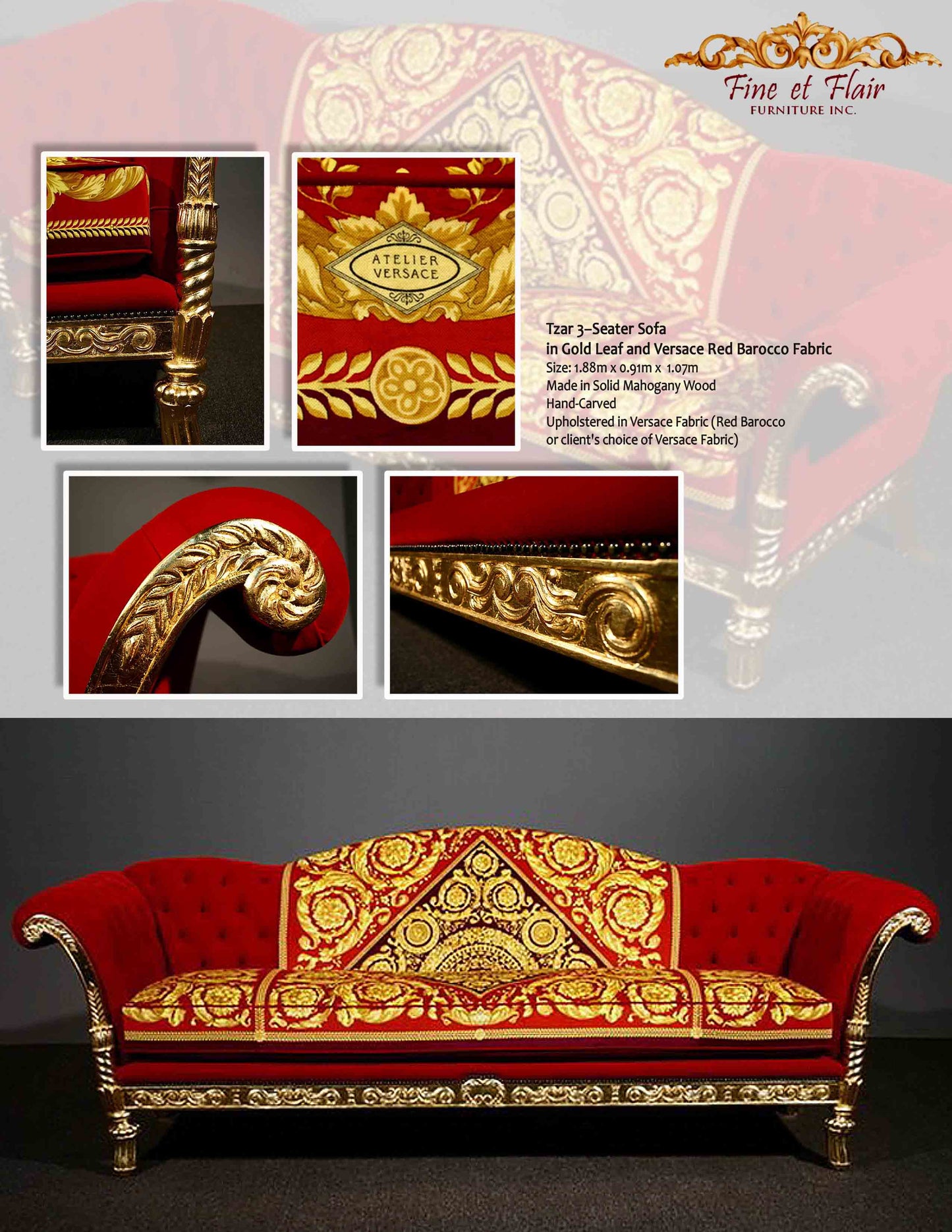 A luxury 3-seater sofa with a solid high back and armrest, upholstered in red barocco fabric with gold accents and detailing.