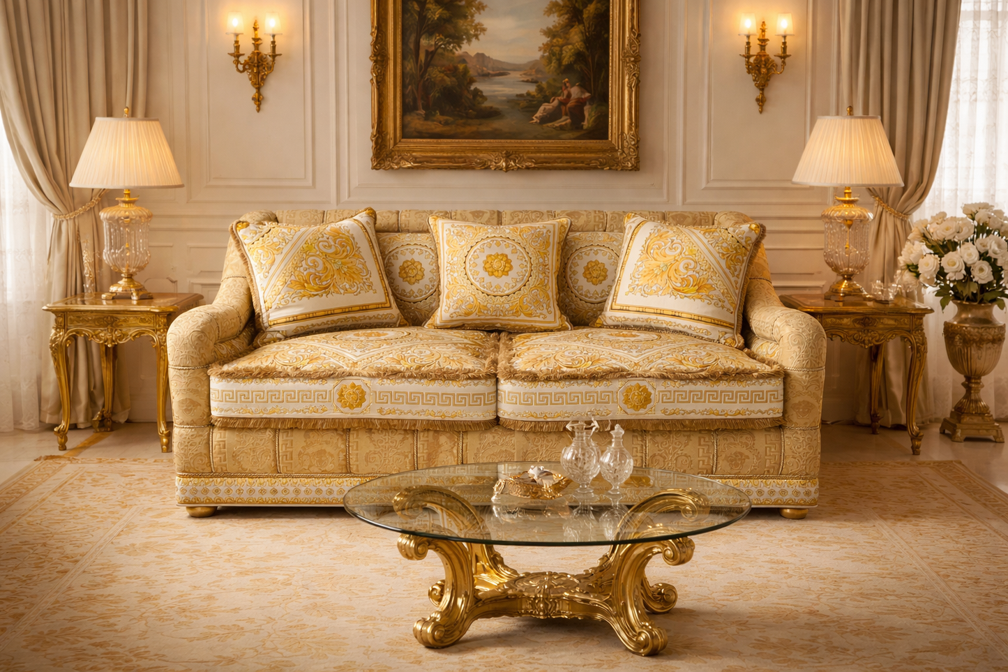 Luxury Custom Salone 2-Seater Sofa | Versace Carre White Gold Velvet & Versace Medusa Greca Fabric