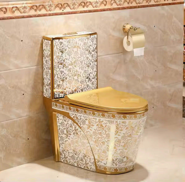 Luxury Gold & White Print Toilet | Dual Flush Floor Mounted