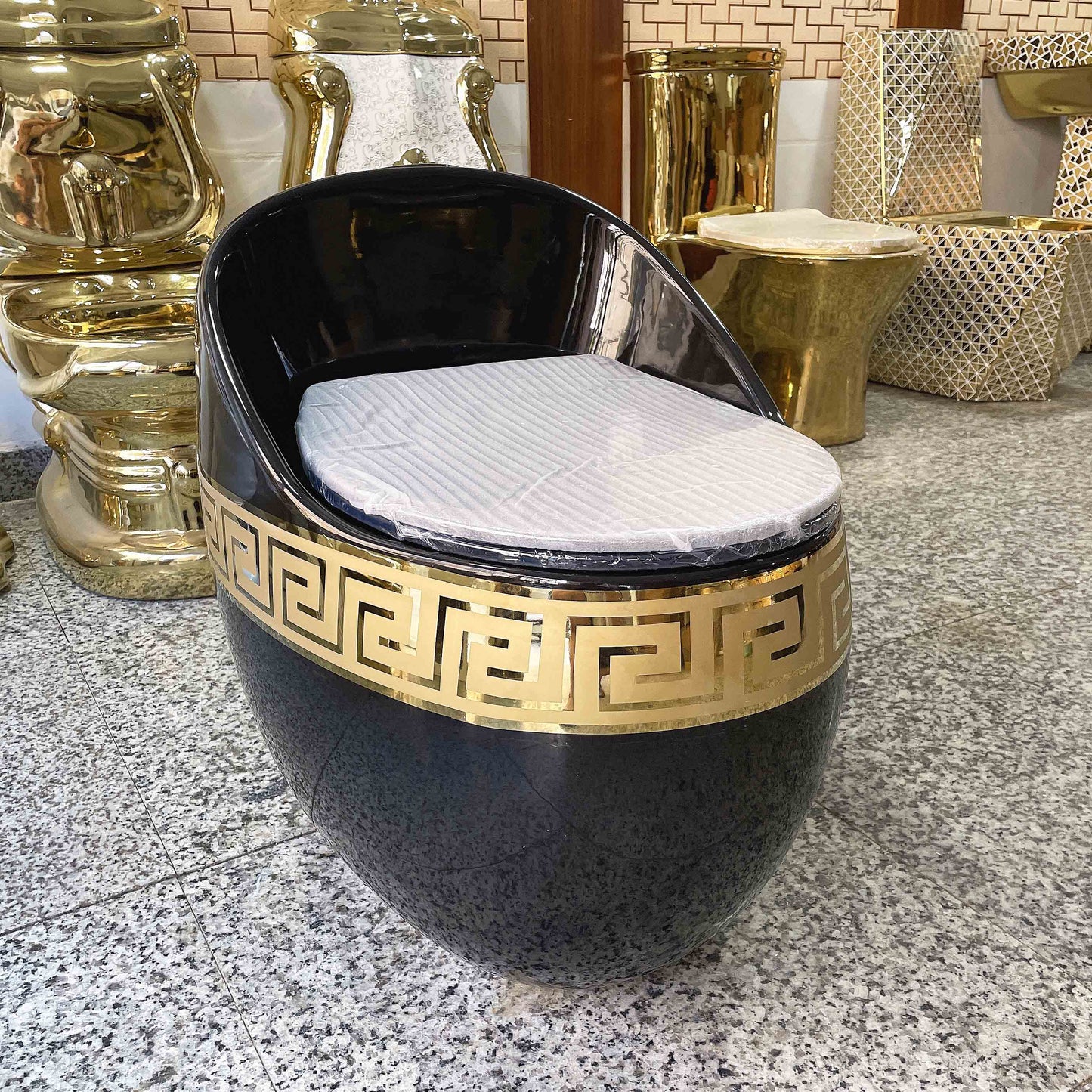 Luxury Black & Gold Egg-Shape Toilet | Greek Key One-Piece Floor Mounted