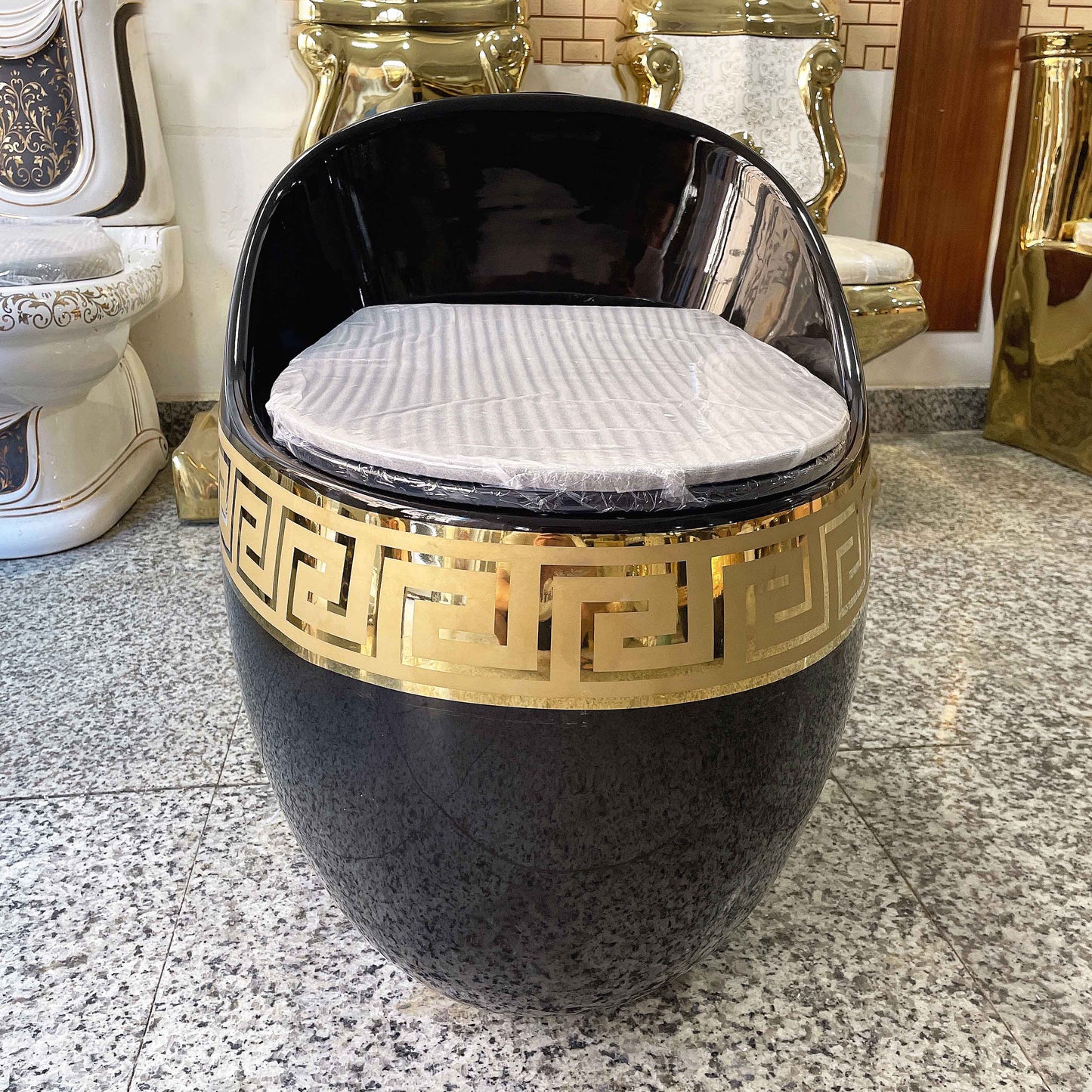 Luxury Black & Gold Egg-Shape Toilet | Greek Key One-Piece Floor Mounted