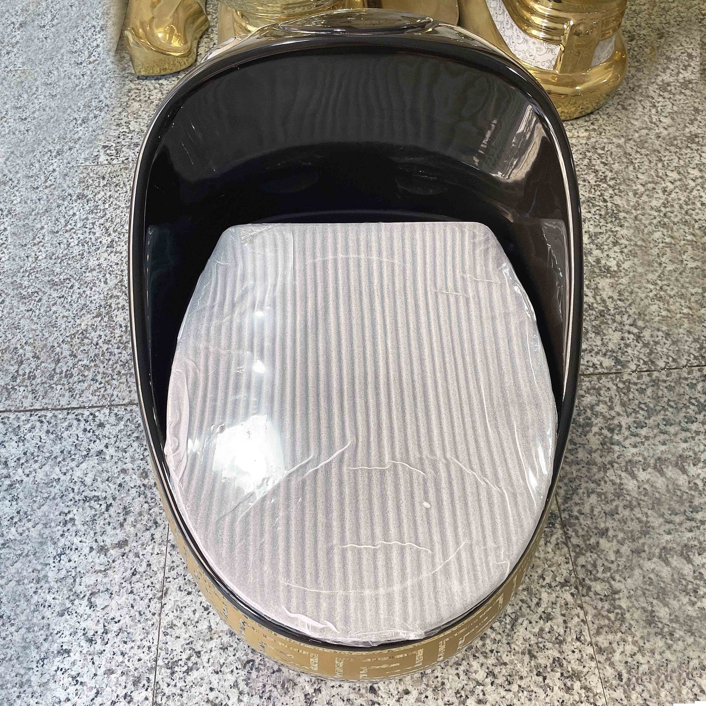 Luxury Black & Gold Egg-Shape Toilet | Greek Key One-Piece Floor Mounted