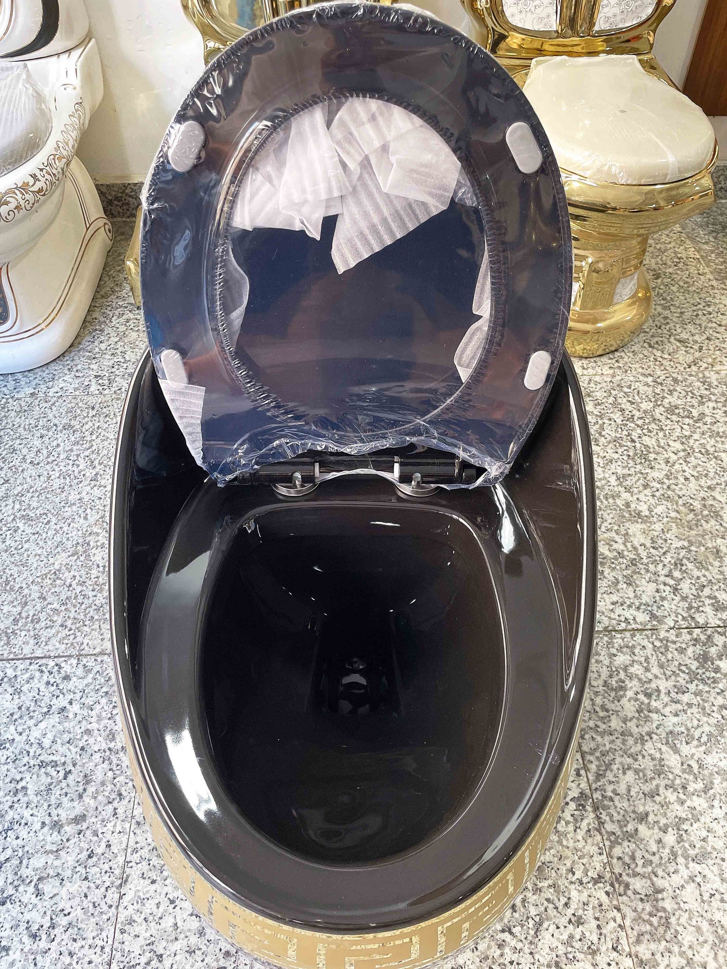 Luxury Black & Gold Egg-Shape Toilet | Greek Key One-Piece Floor Mounted