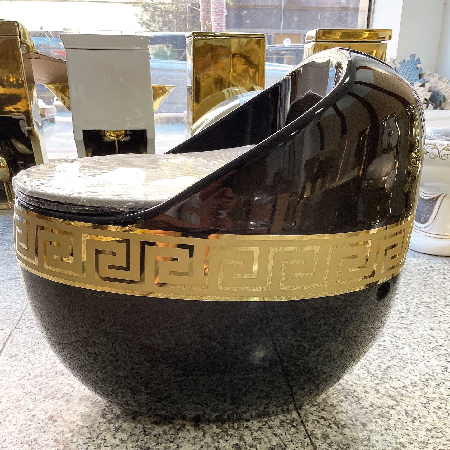 Luxury Black & Gold Egg-Shape Toilet | Greek Key One-Piece Floor Mounted