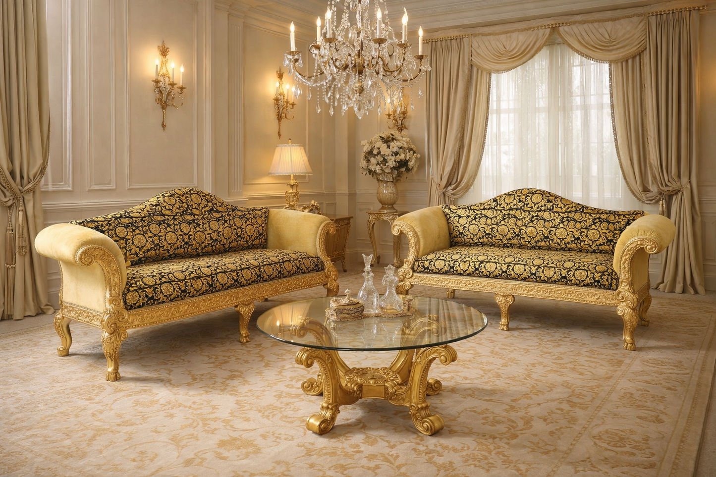 Versace Barocco Velvet 3-Seater Luxury Sofa — Gold Leaf Ram's Head Carved Mahogany | 229cm