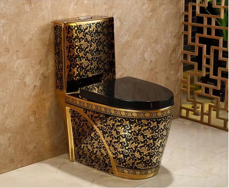 Luxury Modern Black & Gold Toilet | Dual Flush Floor Mounted