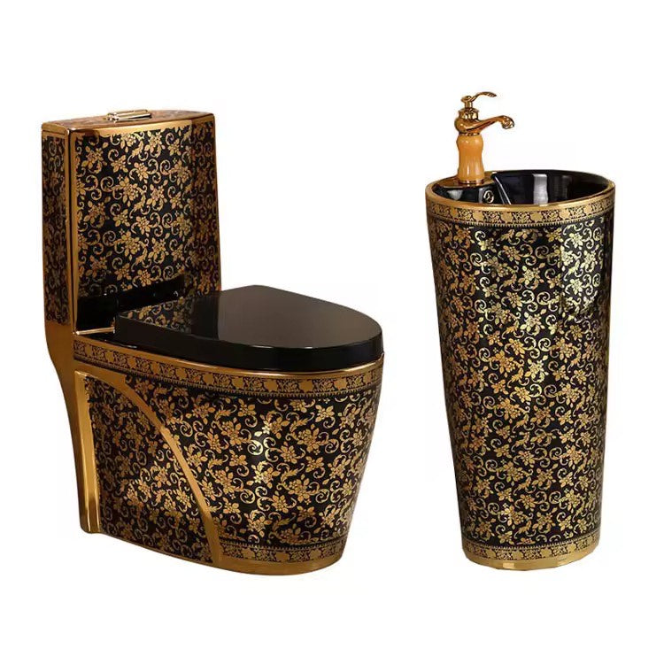 Luxury Modern Black & Gold Toilet | Dual Flush Floor Mounted