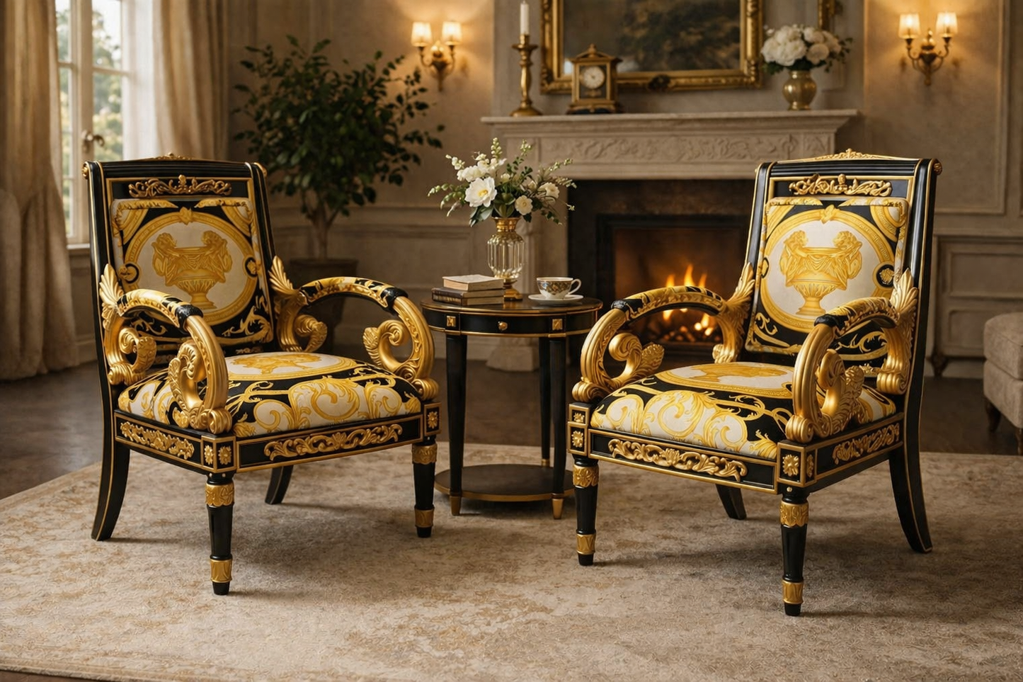 Pair Luxury Custom Vanitas Armchair Covered In Versace Gold Double Lion Petit-Petitot Fabric