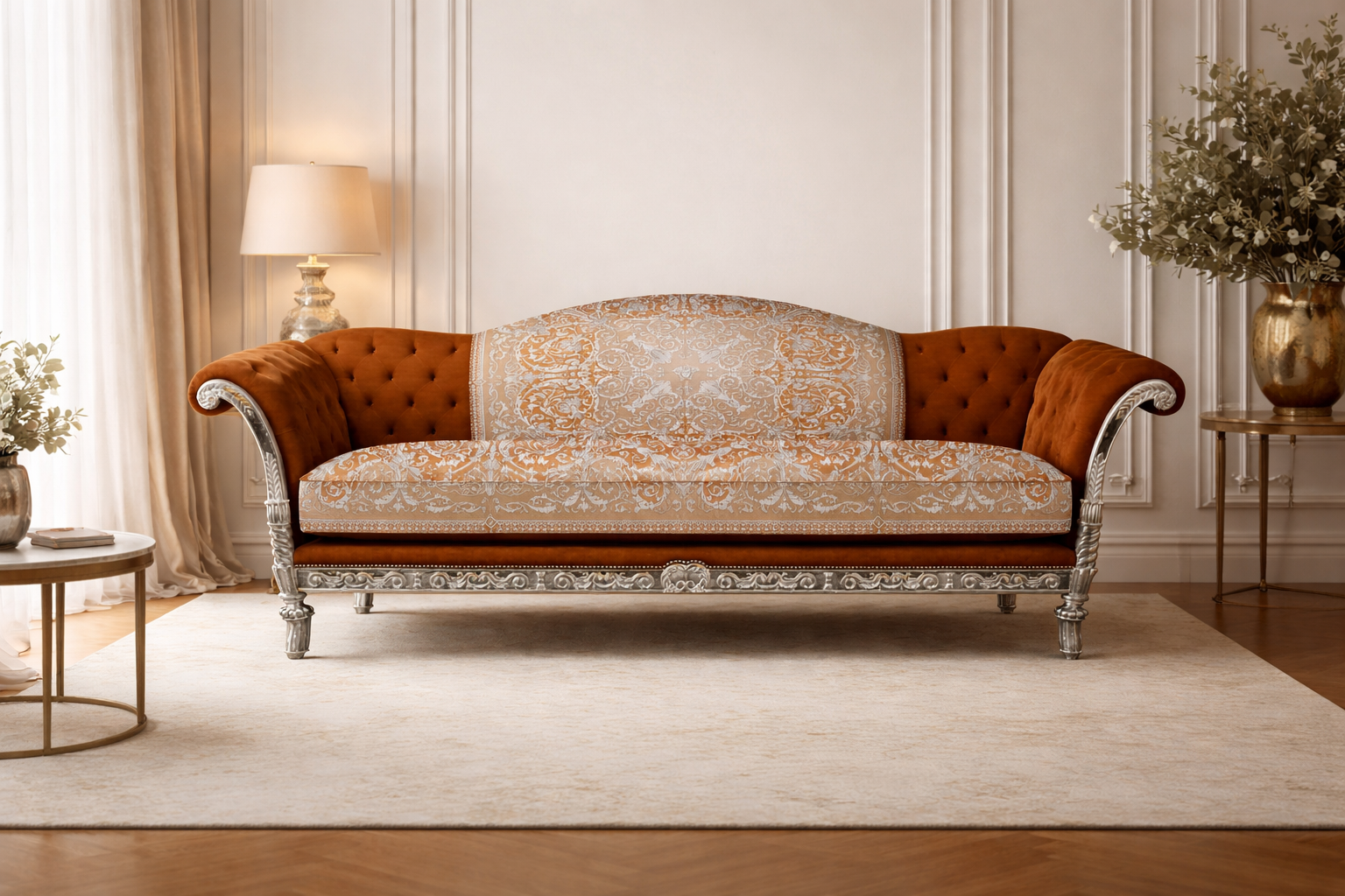 Decorative sofa with intricate patterns in a stylish room setting