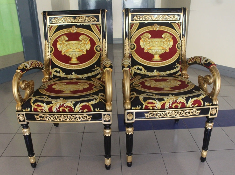 Pair of Luxury Vanitas Armchairs | Versace Red Double Lion Velvet