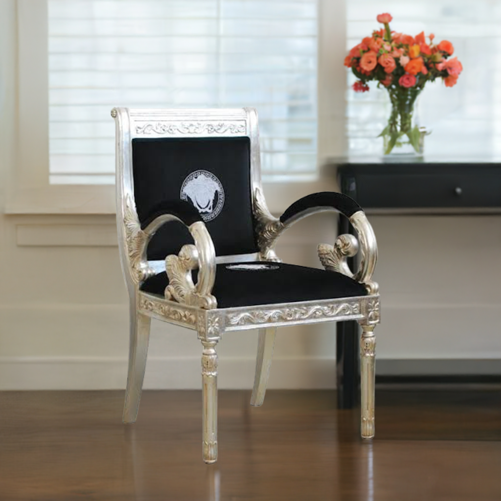Luxury Custom Vanitas Armchair | Silver Medusa Greek Key Embroidery | Black Velvet & Silver Leaf Finish