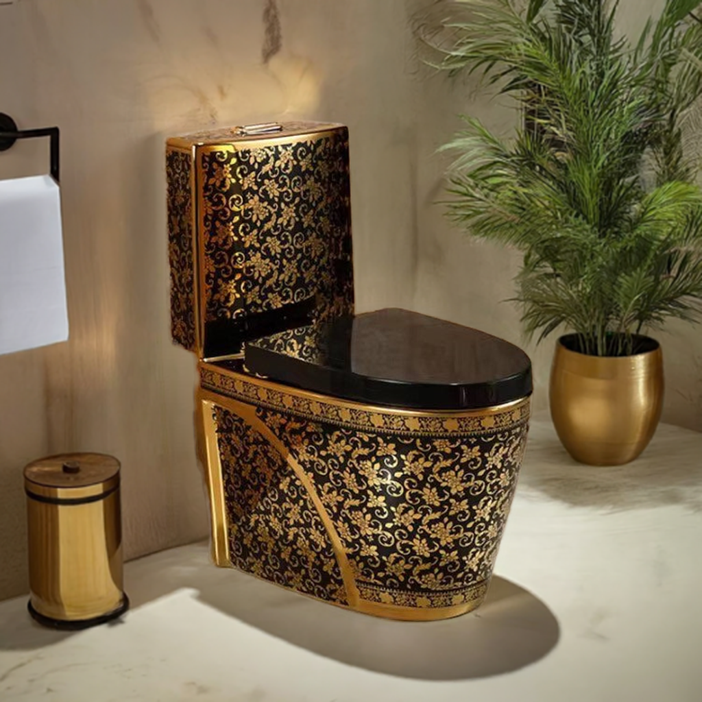 Luxury Modern Black & Gold Toilet | Dual Flush Floor Mounted