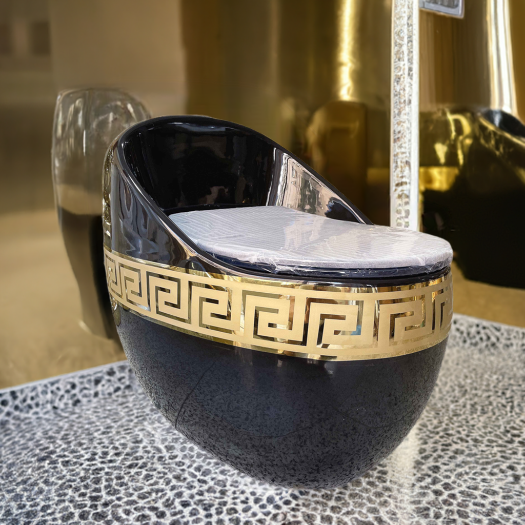 Luxury Black & Gold Egg-Shape Toilet | Greek Key One-Piece Floor Mounted