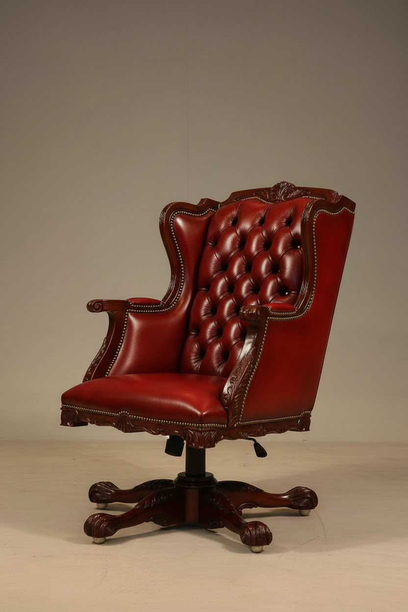 English Chippendale Gentleman's Swivel Armchair in Burgundy Leather with Diamond Tufting — grey studio shot