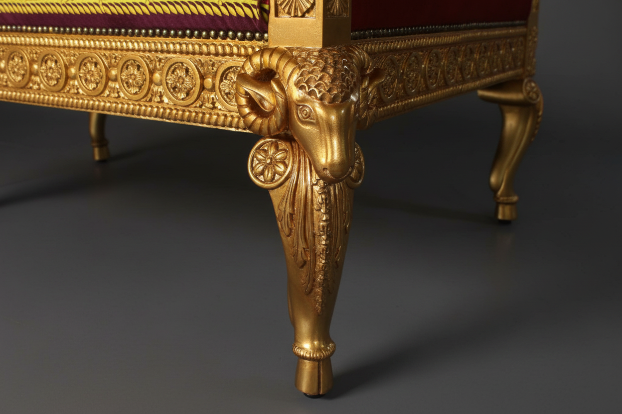 Versace Barocco Velvet Single Seater Armchair — Gold Leaf Ram's Head Carved Mahogany | 117cm