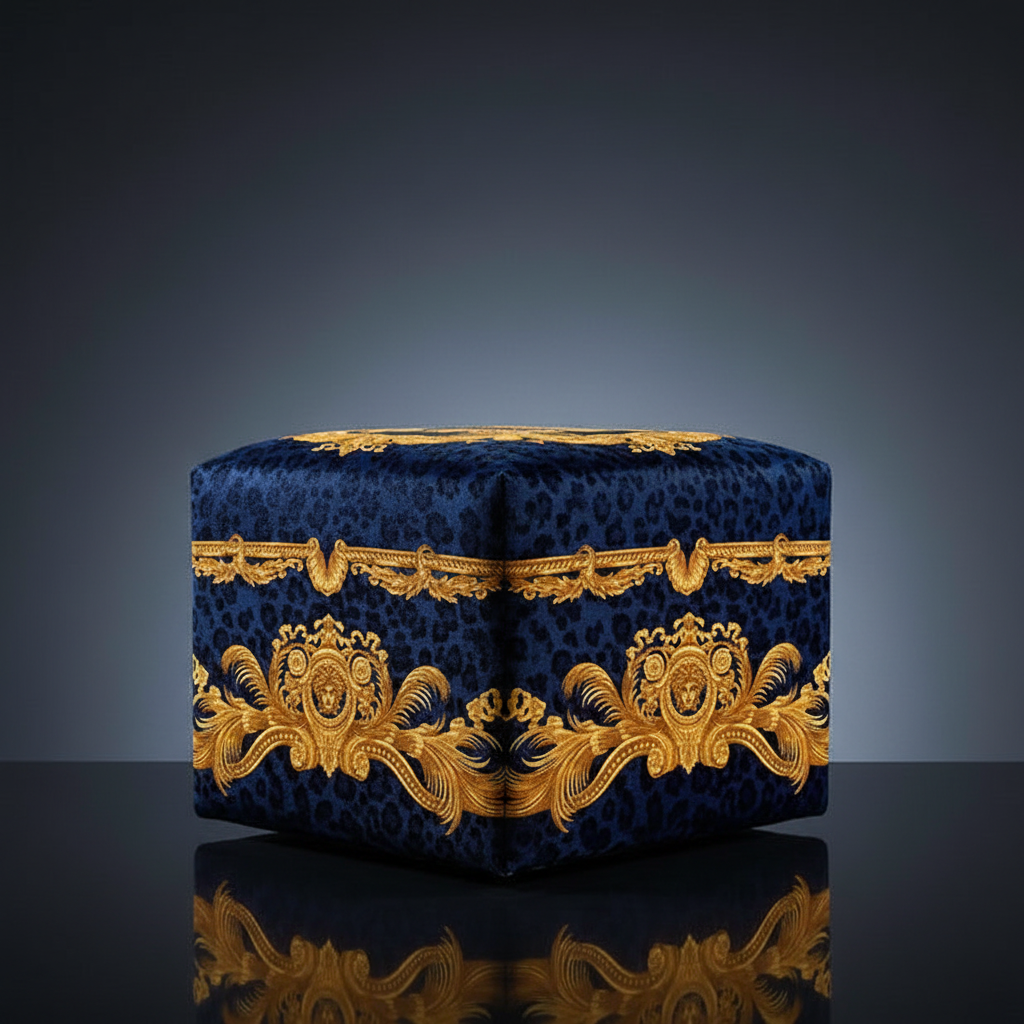Luxury Custom Ottoman in Versace DV Wild Animal Print blue velvet — dramatic luxury studio shot on charcoal grey background with gold baroque Medusa motif highlighted