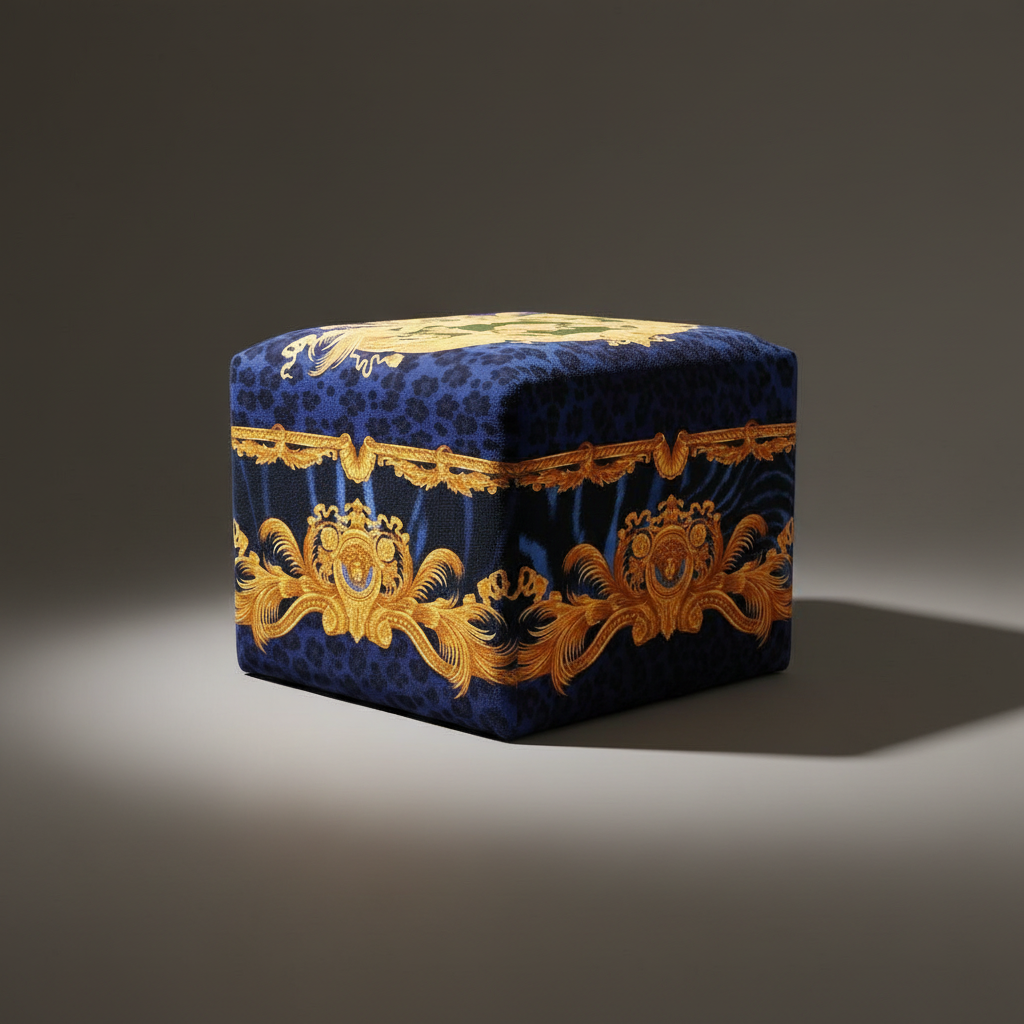 Matching Versace DV Blue Animal Print Velvet Ottoman with Gold Baroque Medusa Trim — grey studio shot