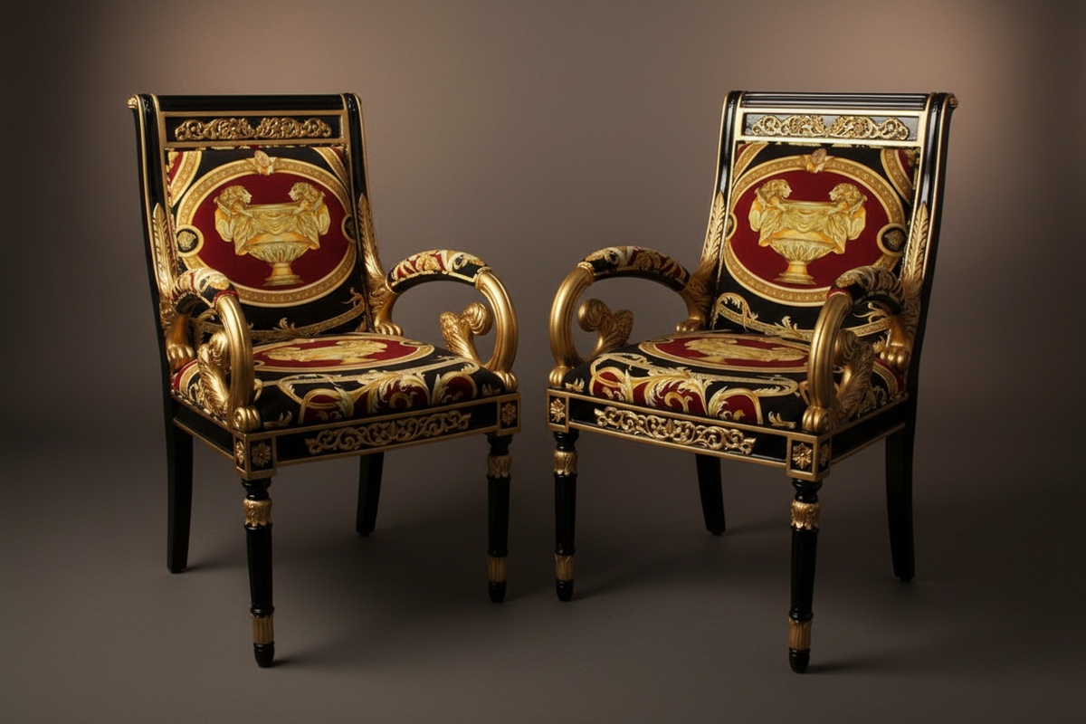 Pair Vanitas Armchairs | Red Double Lion | Studio