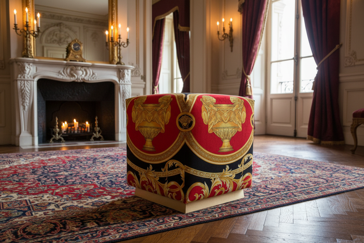 Luxury Custom Ottoman in Versace Baroque red, black and gold velvet styled in a grand European salon with parquet floors, burgundy silk drapes and marble fireplace — Fine et Flair
