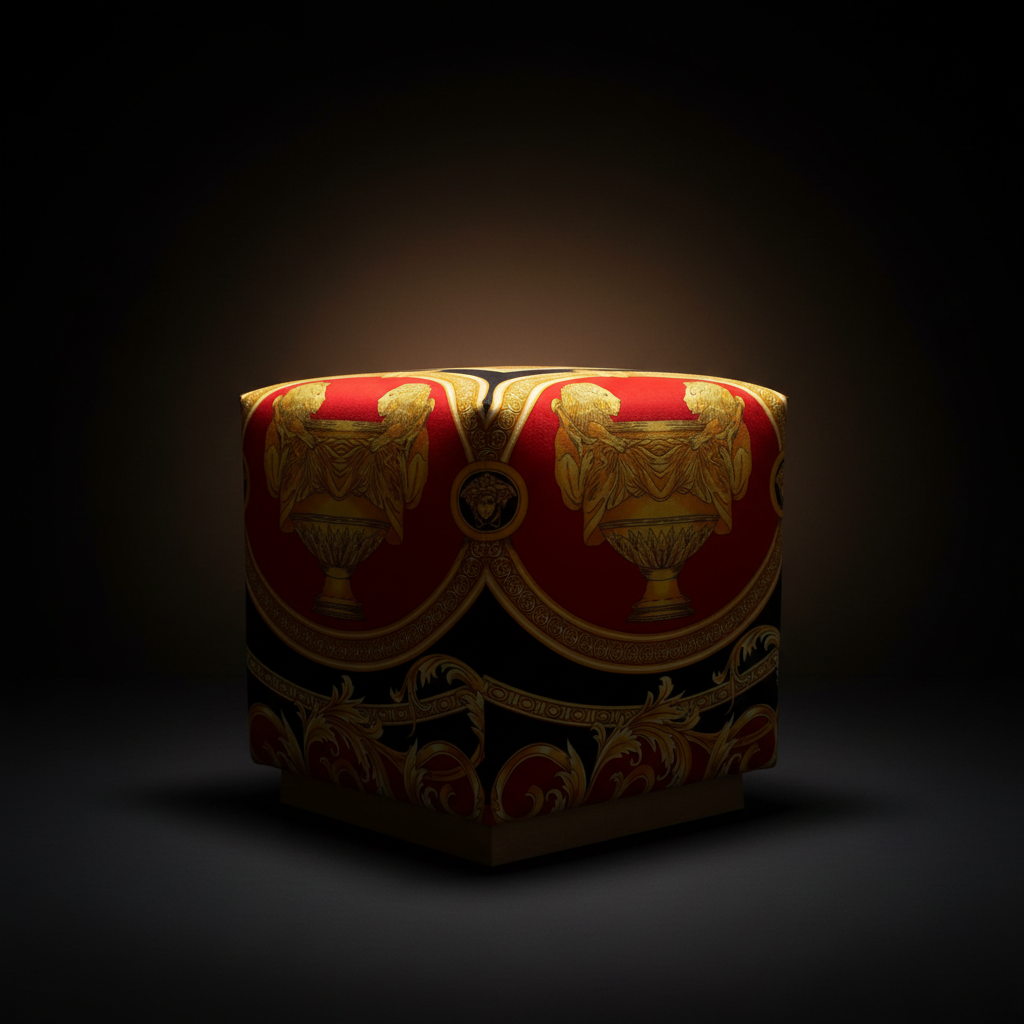 Luxury Custom Ottoman in Versace Baroque red, black and gold velvet — dramatic luxury studio shot on black background with warm amber-gold lighting highlighting lion, urn and Medusa motifs