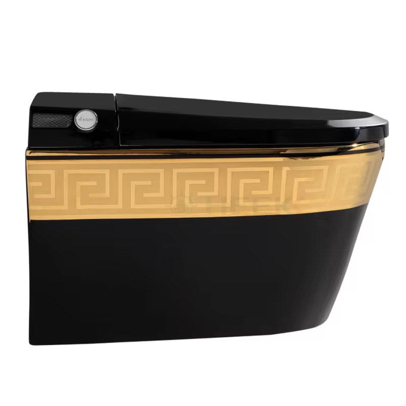 A wall-hanging black and gold toilet with Greek key design, intelligent flushing system, and P-trap drainage.