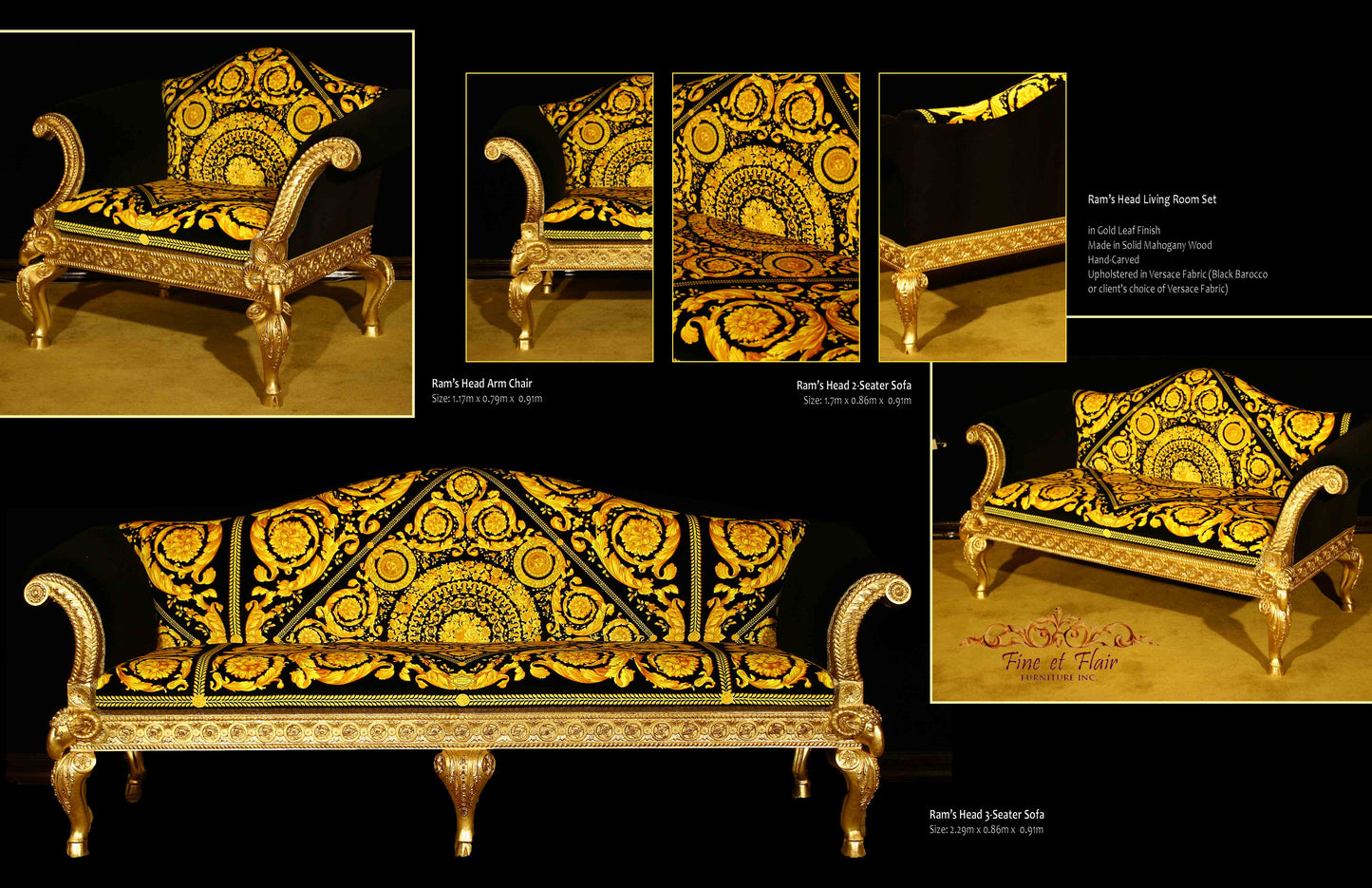 A collage of images showcasing a luxurious gold-leafed sofa set with detailed Versace Black Barocco fabric, including a 3-seater main sofa and smaller single and 2-seater sofas, all set against a dark background.