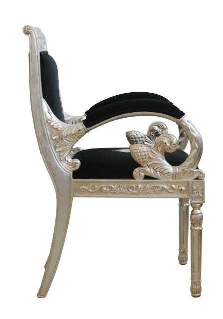 Luxury Custom Vanitas Armchair | Silver Medusa Greek Key Embroidery | Black Velvet & Silver Leaf Finish