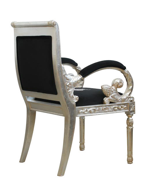 Luxury Custom Vanitas Armchair | Silver Medusa Greek Key Embroidery | Black Velvet & Silver Leaf Finish