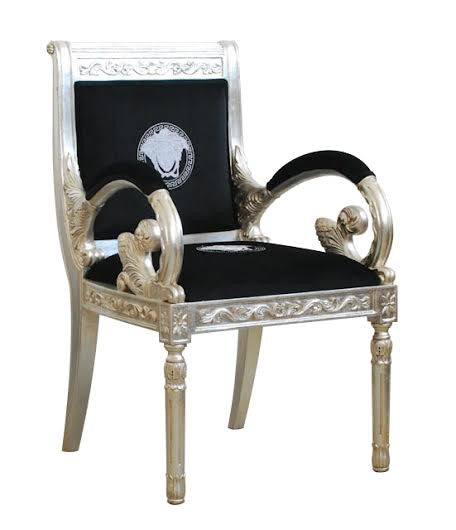 Luxury Custom Vanitas Armchair | Silver Medusa Greek Key Embroidery | Black Velvet & Silver Leaf Finish