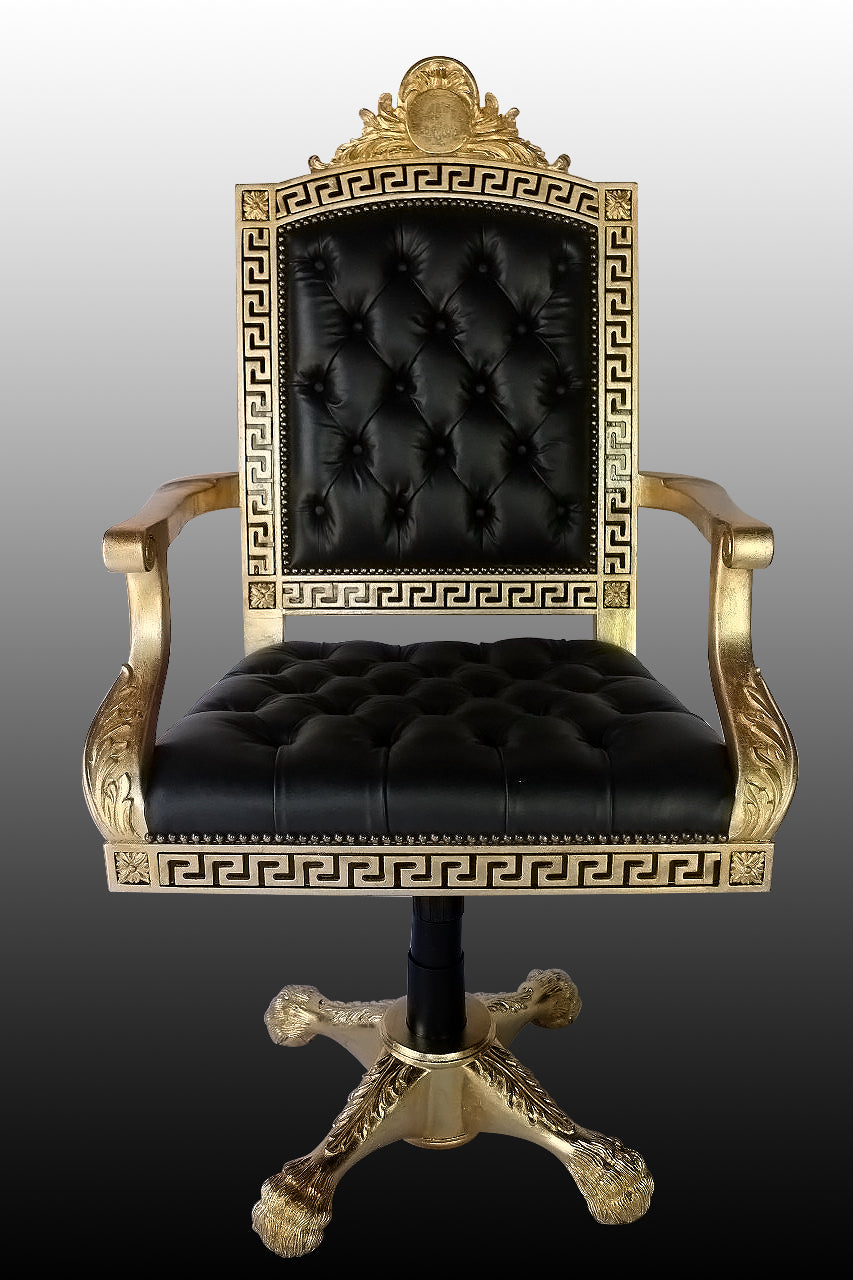 Swivel Executive Armchair In Genuine Black Leather Tufted Seat and Back