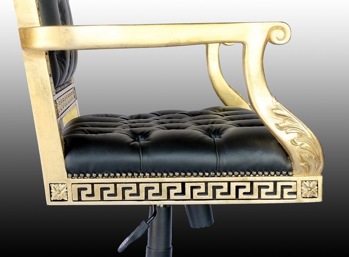 Swivel Executive Armchair In Genuine Black Leather Tufted Seat and Back