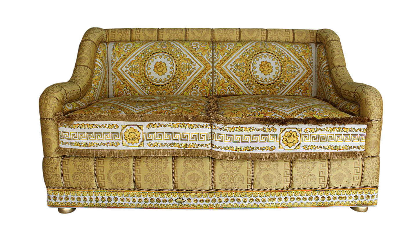 Luxury Custom Salone 2-Seater Sofa | Versace Carre White Gold Velvet & Versace Medusa Greca Fabric