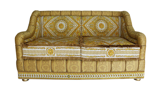 Luxury Custom Salone 2-Seater Sofa | Versace Carre White Gold Velvet & Versace Medusa Greca Fabric