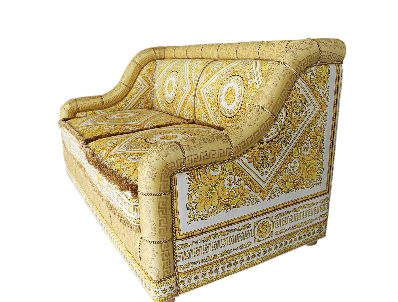 Luxury Custom Salone 2-Seater Sofa | Versace Carre White Gold Velvet & Versace Medusa Greca Fabric