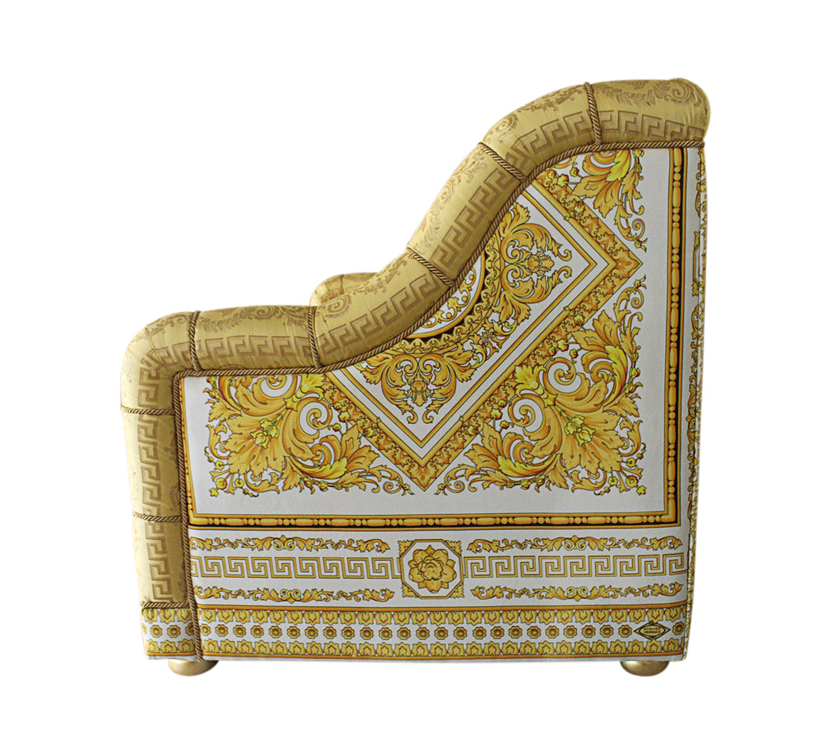 Luxury Custom Salone 2-Seater Sofa | Versace Carre White Gold Velvet & Versace Medusa Greca Fabric