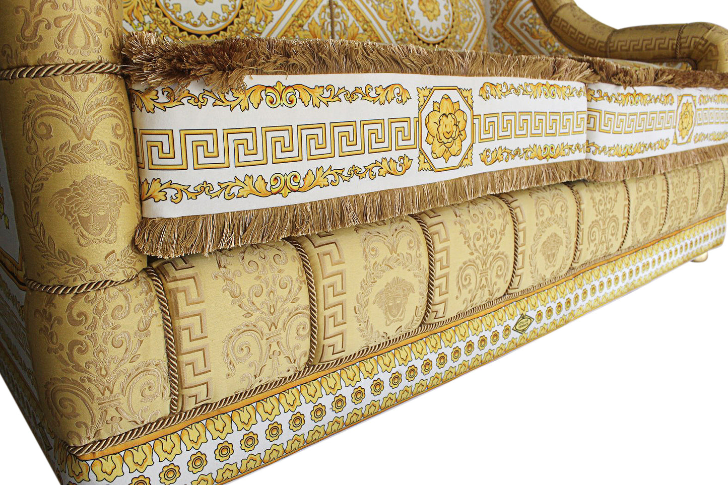 Luxury Custom Salone 2-Seater Sofa | Versace Carre White Gold Velvet & Versace Medusa Greca Fabric