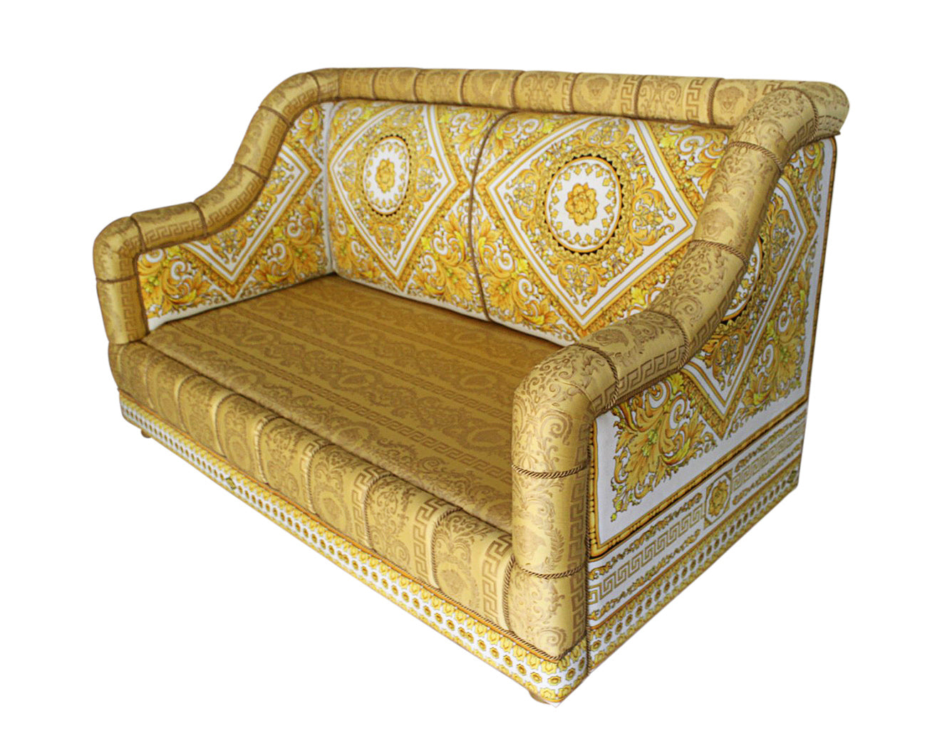 Luxury Custom Salone 2-Seater Sofa | Versace Carre White Gold Velvet & Versace Medusa Greca Fabric