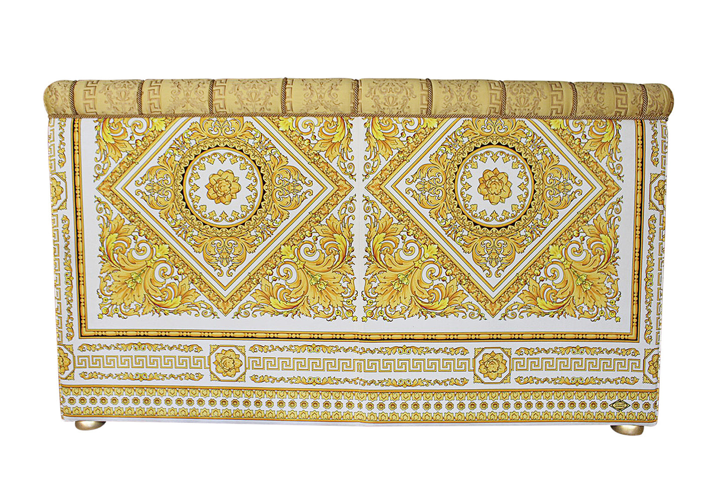 Luxury Custom Salone 2-Seater Sofa | Versace Carre White Gold Velvet & Versace Medusa Greca Fabric