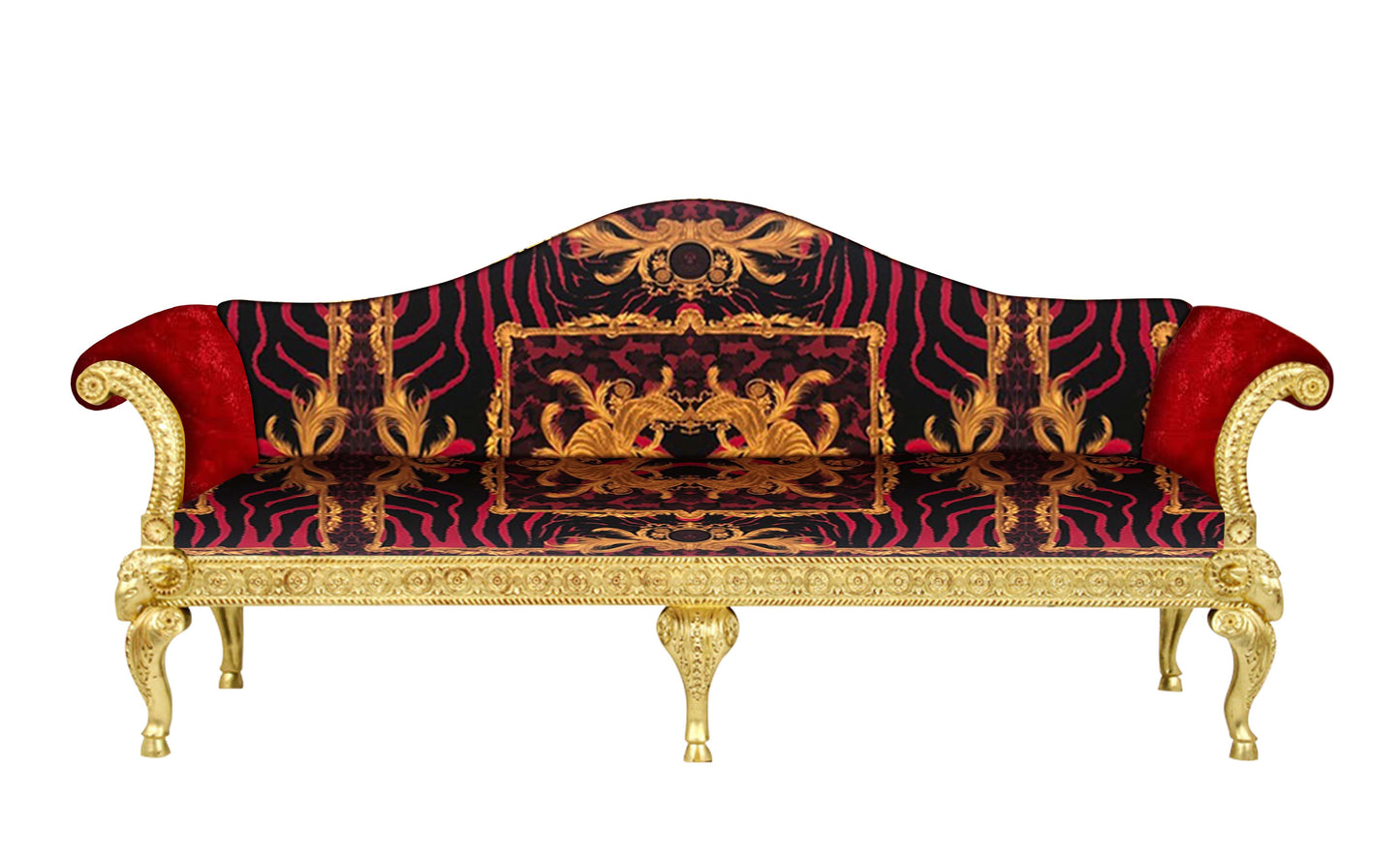 A luxury 3-seater sofa with a solid wood frame covered in Versace Zahara Leopard Red Fabric with gold leaf finish and elaborate ram's head carvings.