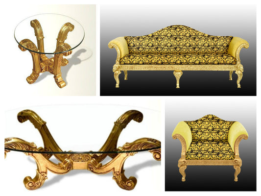 Luxury Ram's Head Living Room Set | Versace Vanity Barocco Black Gold Velvet | Gold Leaf Finish