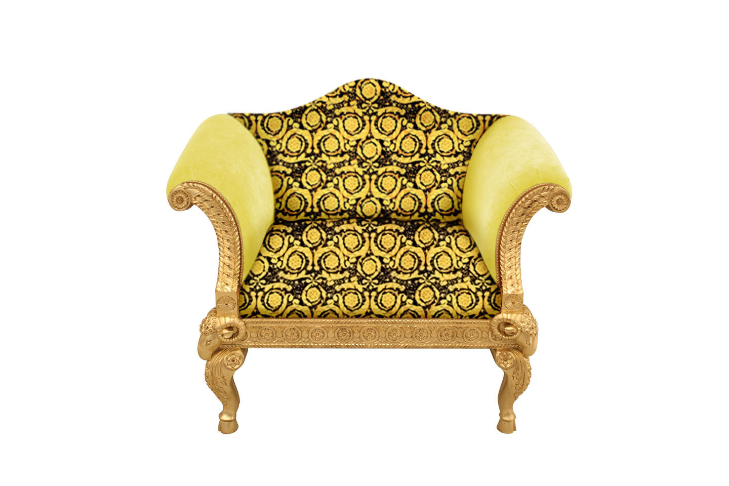 A single-seater sofa with a gold leaf finish and a Versace vanity barocco pattern in black and gold.