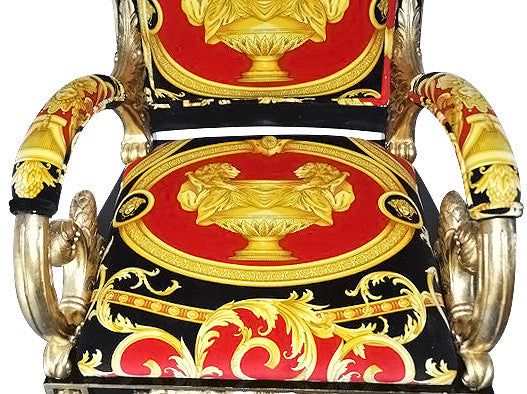 Luxury Custom Vanitas Armchair | Versace Red Double Lion Velvet | Black Lacquer de Chine & Gold Accent Finish