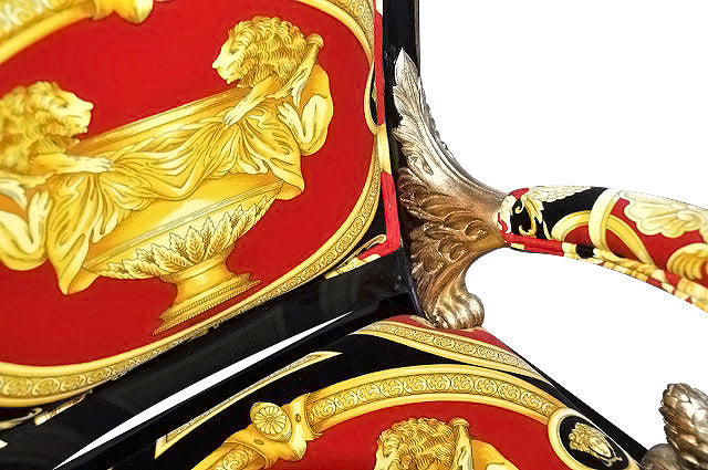 Luxury Custom Vanitas Armchair | Versace Red Double Lion Velvet | Black Lacquer de Chine & Gold Accent Finish