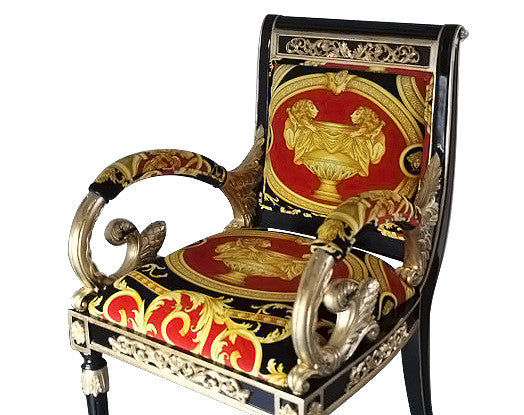 Luxury Custom Vanitas Armchair | Versace Red Double Lion Velvet | Black Lacquer de Chine & Gold Accent Finish