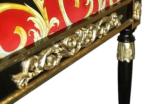 Luxury Custom Vanitas Armchair | Versace Red Double Lion Velvet | Black Lacquer de Chine & Gold Accent Finish