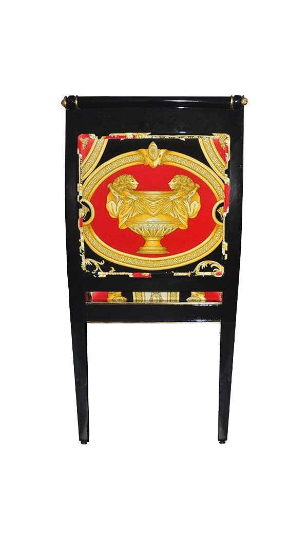 Luxury Custom Vanitas Armchair | Versace Red Double Lion Velvet | Black Lacquer de Chine & Gold Accent Finish